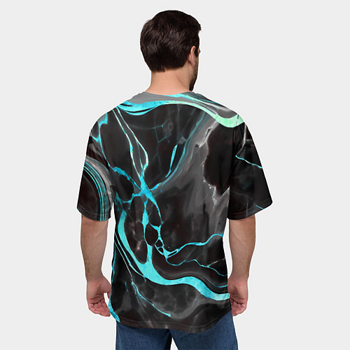 Мужская футболка оверсайз Голубые флюиды на чёрном фоне / 3D-принт – фото 4