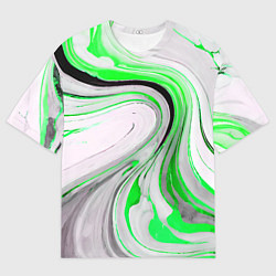 Футболка оверсайз мужская Волнистые чёрно-зелёные линии на белом фоне, цвет: 3D-принт