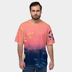 Футболка оверсайз мужская Листья на сине-розовом фоне - нейросеть, цвет: 3D-принт — фото 2
