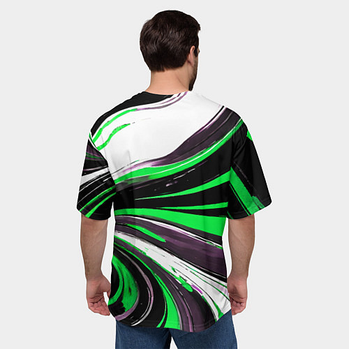 Мужская футболка оверсайз Волнистые чёрно-зелёные линии на белом фоне / 3D-принт – фото 4