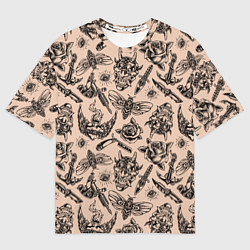 Мужская футболка оверсайз Татуировка с цикадой и демоном Они - паттерн