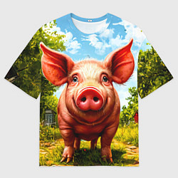 Футболка оверсайз мужская Свинка в деревне, цвет: 3D-принт