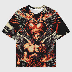 Футболка оверсайз мужская Ангел на фоне сердца в стиле татуировки, цвет: 3D-принт