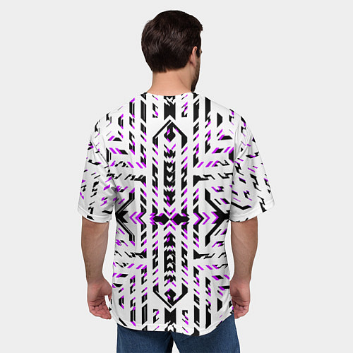 Мужская футболка оверсайз Чёрно-фиолетовые диагональные полосы на белом фоне / 3D-принт – фото 4
