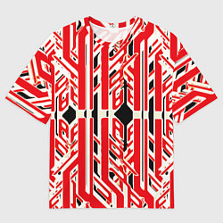 Футболка оверсайз мужская Бело-красные техно полосы на чёрном фоне, цвет: 3D-принт