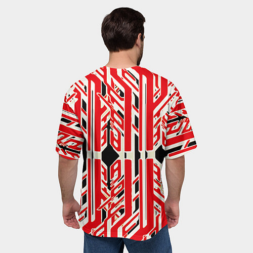 Мужская футболка оверсайз Бело-красные техно полосы на чёрном фоне / 3D-принт – фото 4