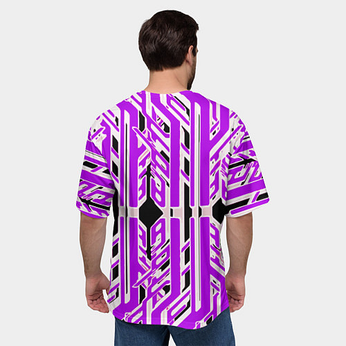 Мужская футболка оверсайз Бело-фиолетовые техно полосы на чёрном фоне / 3D-принт – фото 4