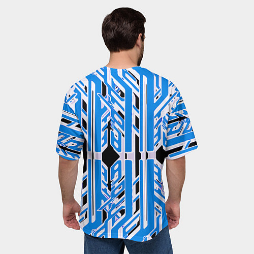 Мужская футболка оверсайз Бело-синие техно полосы на чёрном фоне / 3D-принт – фото 4