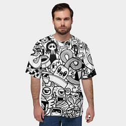 Футболка оверсайз мужская Black and white doddle monsters, цвет: 3D-принт — фото 2