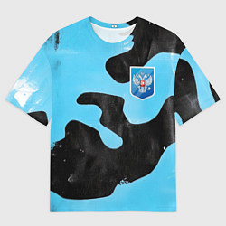 Футболка оверсайз мужская Черно-зеленый камуфляж и герб РФ, цвет: 3D-принт