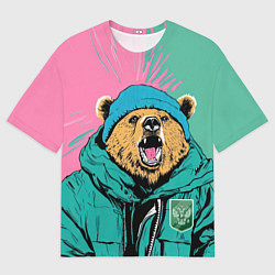 Мужская футболка оверсайз Злой медведь в зимней одежде