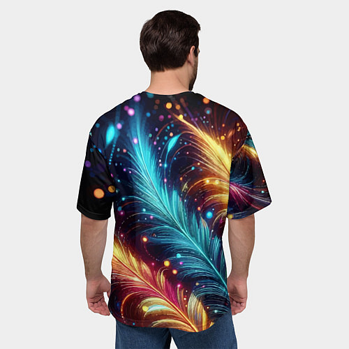 Мужская футболка оверсайз Неоновые разноцветные перья / 3D-принт – фото 4