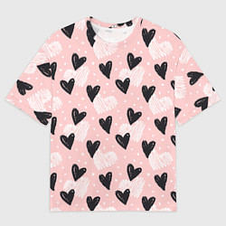 Мужская футболка оверсайз Романтичный паттерн с сердечками на розовом фоне