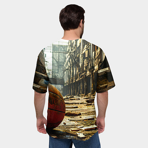 Мужская футболка оверсайз Баскетбольный мяч и город постапокалипсиса / 3D-принт – фото 4