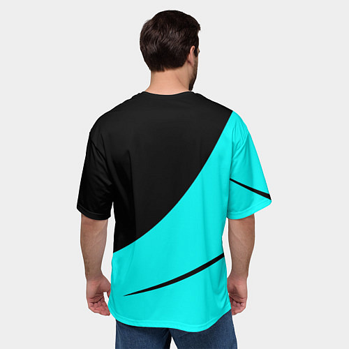 Мужская футболка оверсайз Чёрный и неоновый голубой двуцветный с полосой / 3D-принт – фото 4