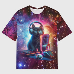 Футболка оверсайз мужская Котёнок в наушниках с мышкой в космосе, цвет: 3D-принт