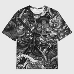 Мужская футболка оверсайз Самурай и дракон в стиле татуировки ирезуми