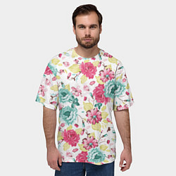 Футболка оверсайз мужская Розы красные и бирюзовые, цвет: 3D-принт — фото 2
