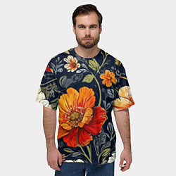 Футболка оверсайз мужская Маки и пионы старинный паттерн, цвет: 3D-принт — фото 2