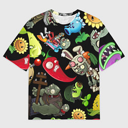 Футболка оверсайз мужская Растения против зомби персонажи на черном, цвет: 3D-принт