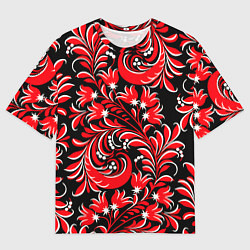 Футболка оверсайз мужская Хохлома - красная роспись, цвет: 3D-принт