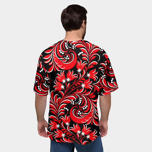 Мужская футболка оверсайз Хохлома - красная роспись / 3D-принт – фото 4