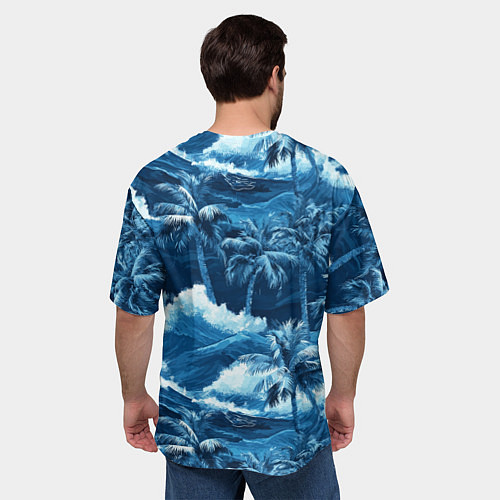 Мужская футболка оверсайз Пальмы и волны - голубые оттенки паттерн / 3D-принт – фото 4