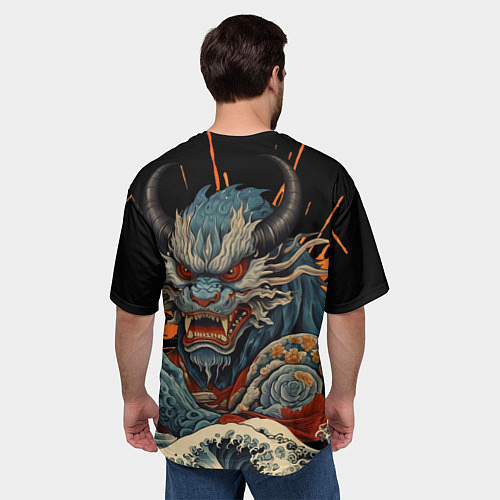 Мужская футболка оверсайз Японский дракон и волны в стиле тату ирезуми / 3D-принт – фото 4
