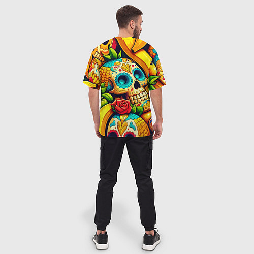 Мужская футболка оверсайз Colorfull skulls and bananas - pop art pattern / 3D-принт – фото 4
