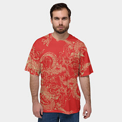 Футболка оверсайз мужская Золотые драконы на красном, цвет: 3D-принт — фото 2