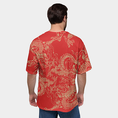 Мужская футболка оверсайз Золотые драконы на красном / 3D-принт – фото 4