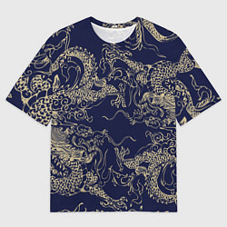 Футболка оверсайз мужская Золотые драконы на синем, цвет: 3D-принт