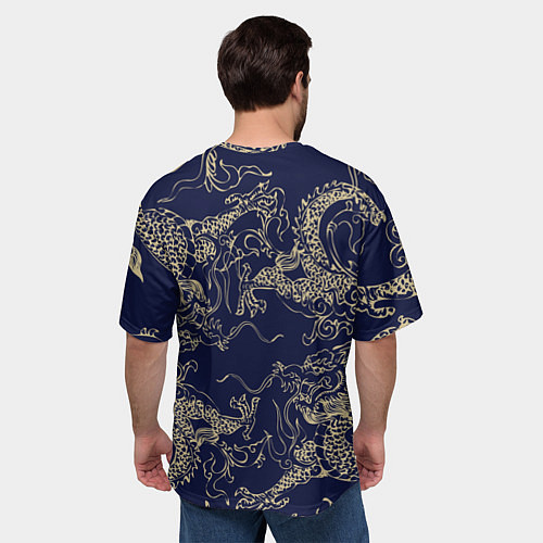 Мужская футболка оверсайз Золотые драконы на синем / 3D-принт – фото 4