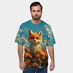 Футболка оверсайз мужская Лисица в цветочном поле, цвет: 3D-принт — фото 2