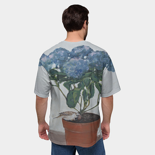 Мужская футболка оверсайз Спящий воробушек на гортензии / 3D-принт – фото 4
