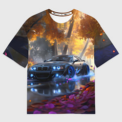 Футболка оверсайз мужская BMW синие неоновые фары, цвет: 3D-принт