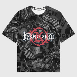 Футболка оверсайз мужская Кукрыниксы логотип на фоне гитар, цвет: 3D-принт