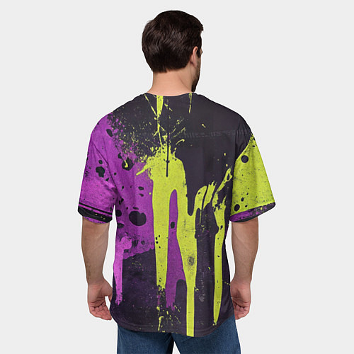 Мужская футболка оверсайз Желтая и фиолетовая краска на черном / 3D-принт – фото 4