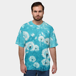 Футболка оверсайз мужская Белые одуванчики на бирюзовом фоне, цвет: 3D-принт — фото 2