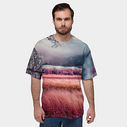 Футболка оверсайз мужская Поле и деревья пейзаж - инфракрасный стиль, цвет: 3D-принт — фото 2