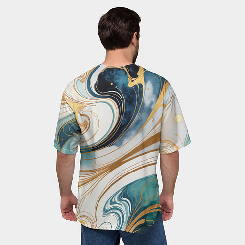 Мужская футболка оверсайз Аквамарин и оранж узор с завитками / 3D-принт – фото 4