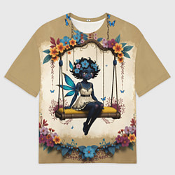 Мужская футболка оверсайз Аниме фея с цветами на качелях