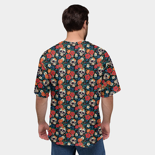 Мужская футболка оверсайз Черепа и цветы Santa Muerte / 3D-принт – фото 4