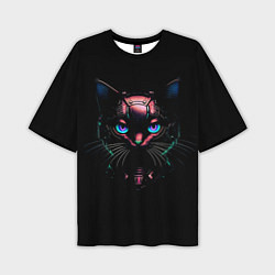 Мужская футболка оверсайз Cyber cat неоновые глаза