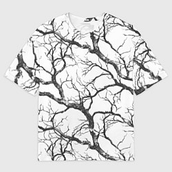Мужская футболка оверсайз Черно-белые ветви деревьев на белом фоне