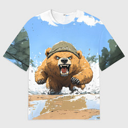 Мужская футболка оверсайз Медведь бежит среди волн