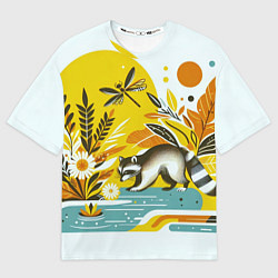Мужская футболка оверсайз Енот у реки любуется цветами