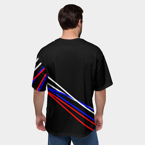 Мужская футболка оверсайз Герб и полосы цветов флага на чёрном / 3D-принт – фото 4