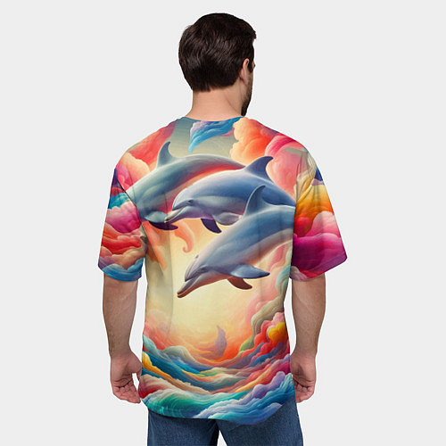 Мужская футболка оверсайз Три небесных дельфина - нейроарт фантазия / 3D-принт – фото 4