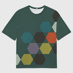 Мужская футболка оверсайз Кластер шестигранников зеленая ночь с однотоном
